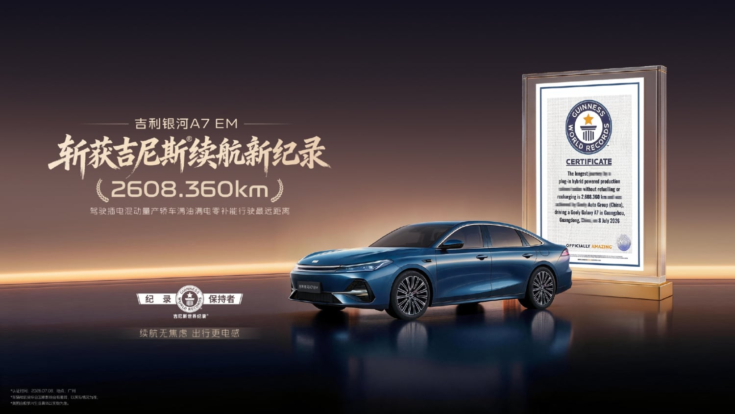 Geely Galaxy A7 EM pobił rekord Guinnessa! 2608 km bez tankowania i ładowania