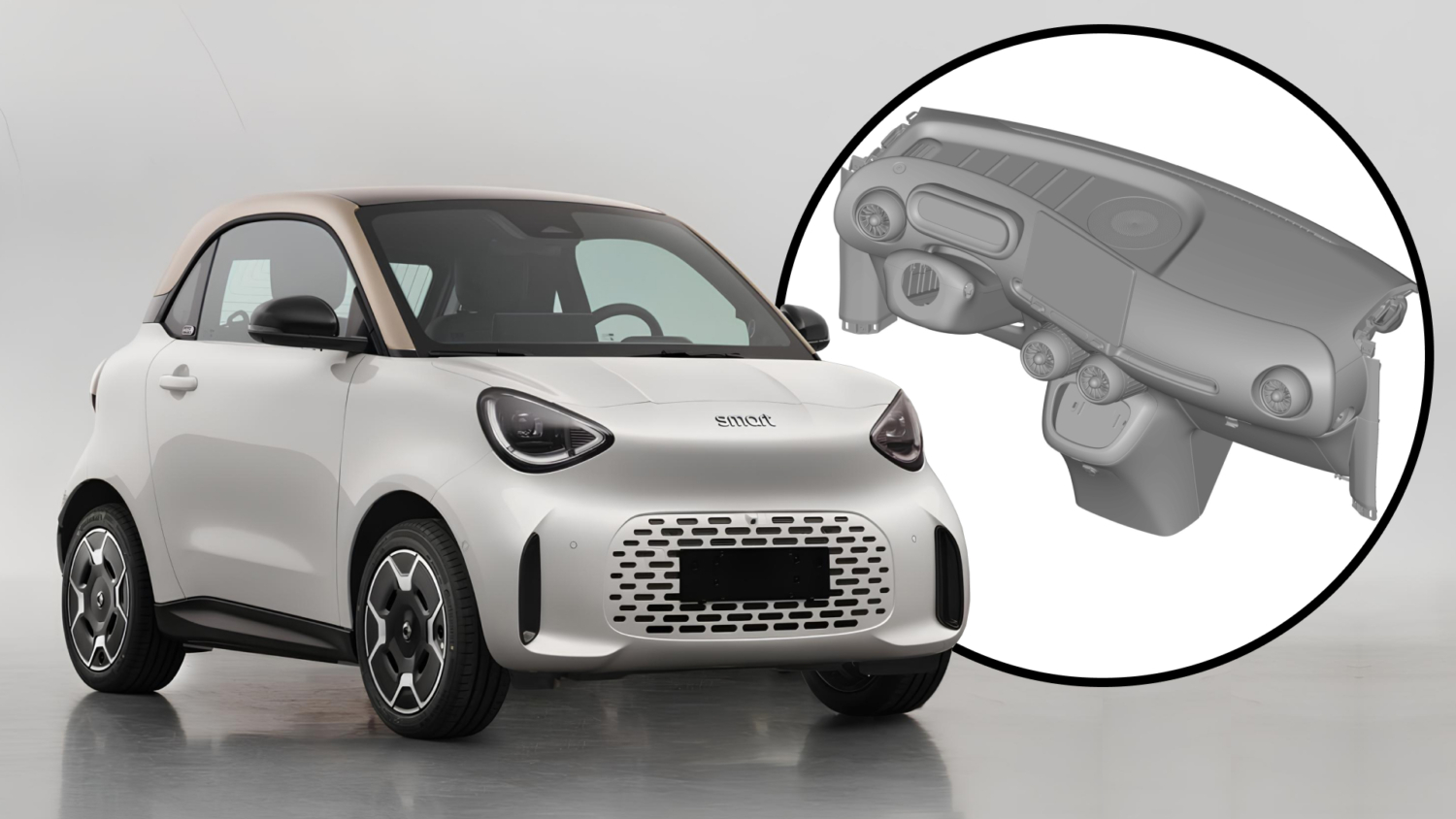 Elektryczny Smart #2: wnętrze ujawnione na zdjęciu patentowym – duży ekran, 80 KM i 300 km zasięgu