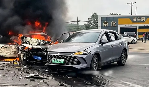 BYD Qin L PHEV rozbity w 45 stopni. Akumulator nie zapłonął, a Mazda 3 stanęła w ogniu